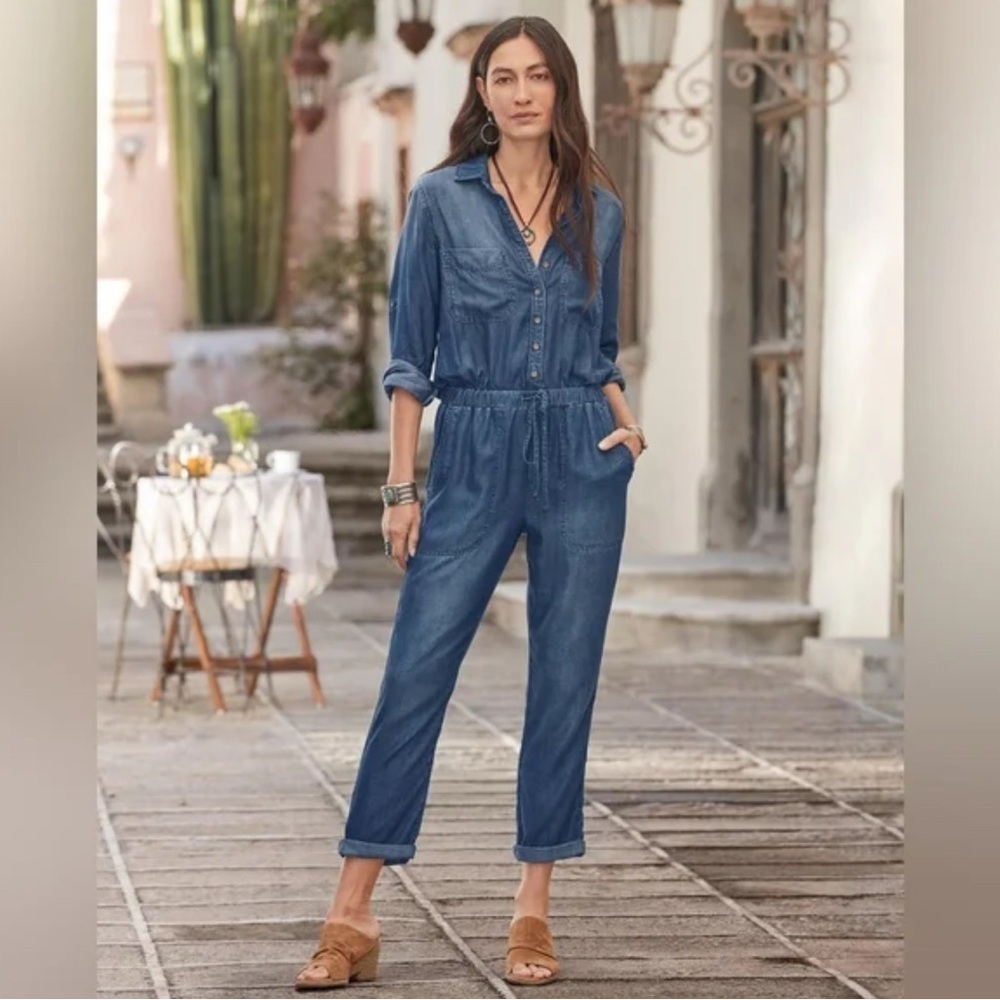 Cloth & Stone Tencel Chambray Utility Jumpsuit Roll Tab Long Sleeve Blue XL